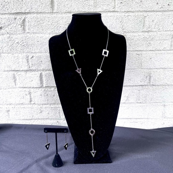 Geometric Gun-metal Chain Lariat Necklace & Earrings Set - Picture 1 of 5
